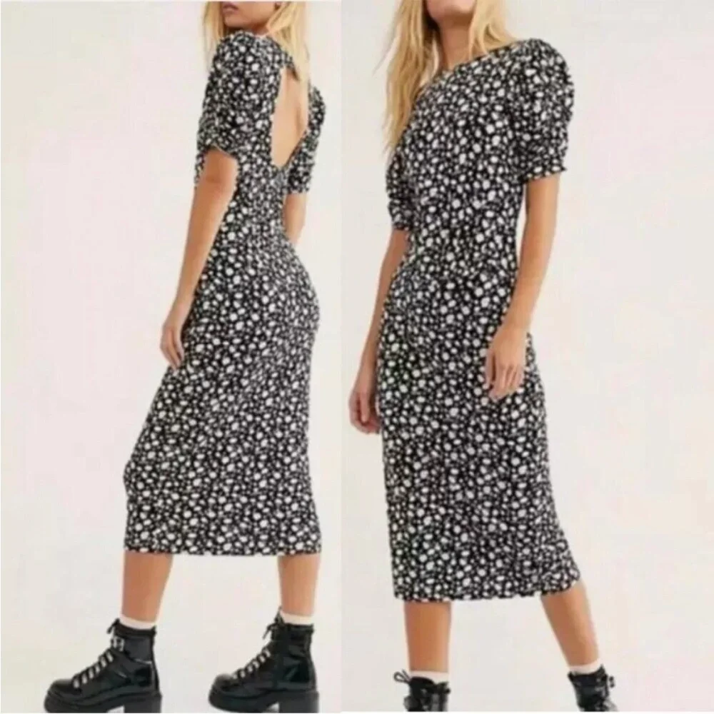 Free People Rosie Stretch Knit Floral Puff Sleeve Cutout Midi Dress. Size M